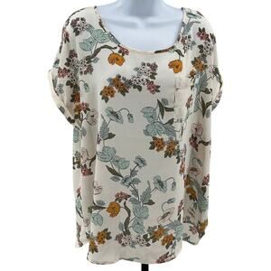 Maurices Dress Blouse WMNS L Pullover Floral Cream Short Sleeve Top Round Neck